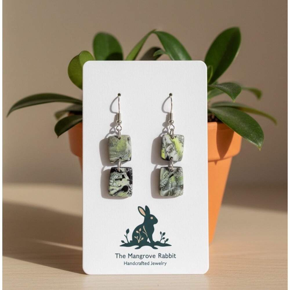 Green Black Silver Marbled Print Chunky Handmade Polymer Clay Dangle Earrings